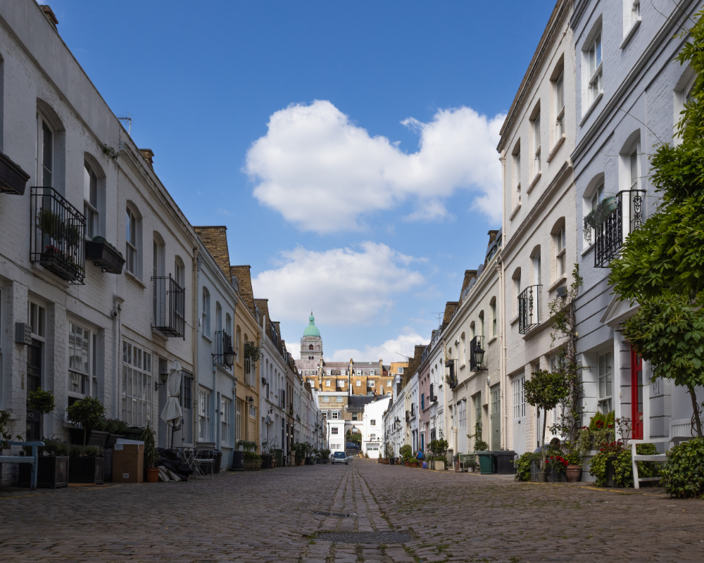 Street with terraced Kensington houses either side