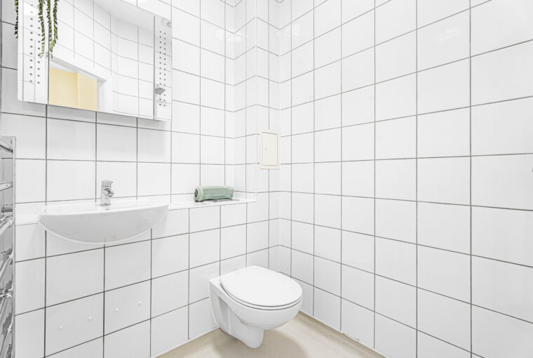 Interior view of the white tiled shower room