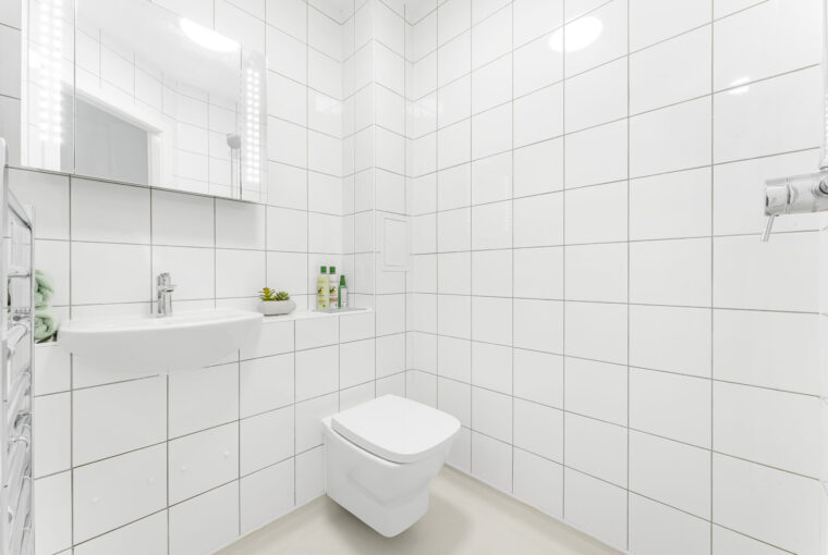 Interior view of the white tiled shower room with toilet