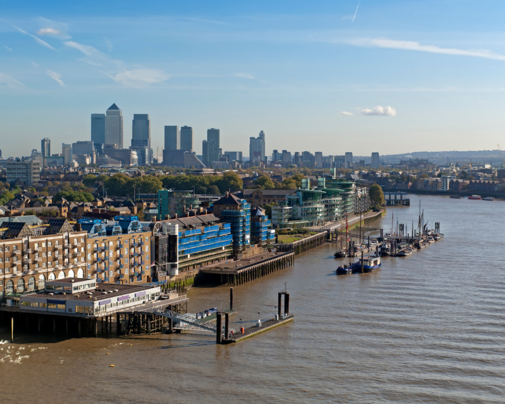 View across the Thames looking at London Docklands